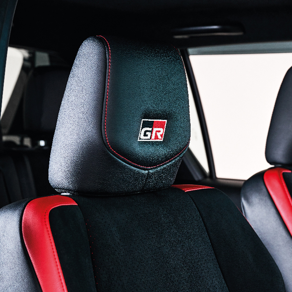 Premium Black Suede Leather Seats with Red Stitching and GR Emblem